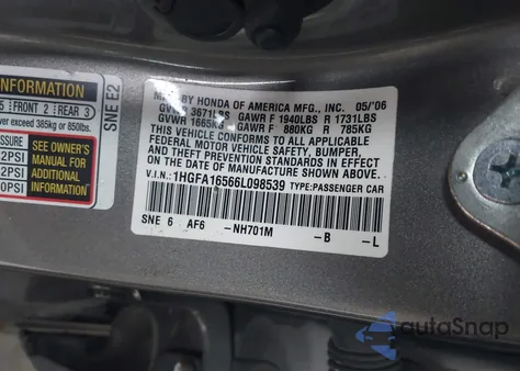 2006 Honda Civic Lx from USA, damaged, VIN 1HGFA16566L098539